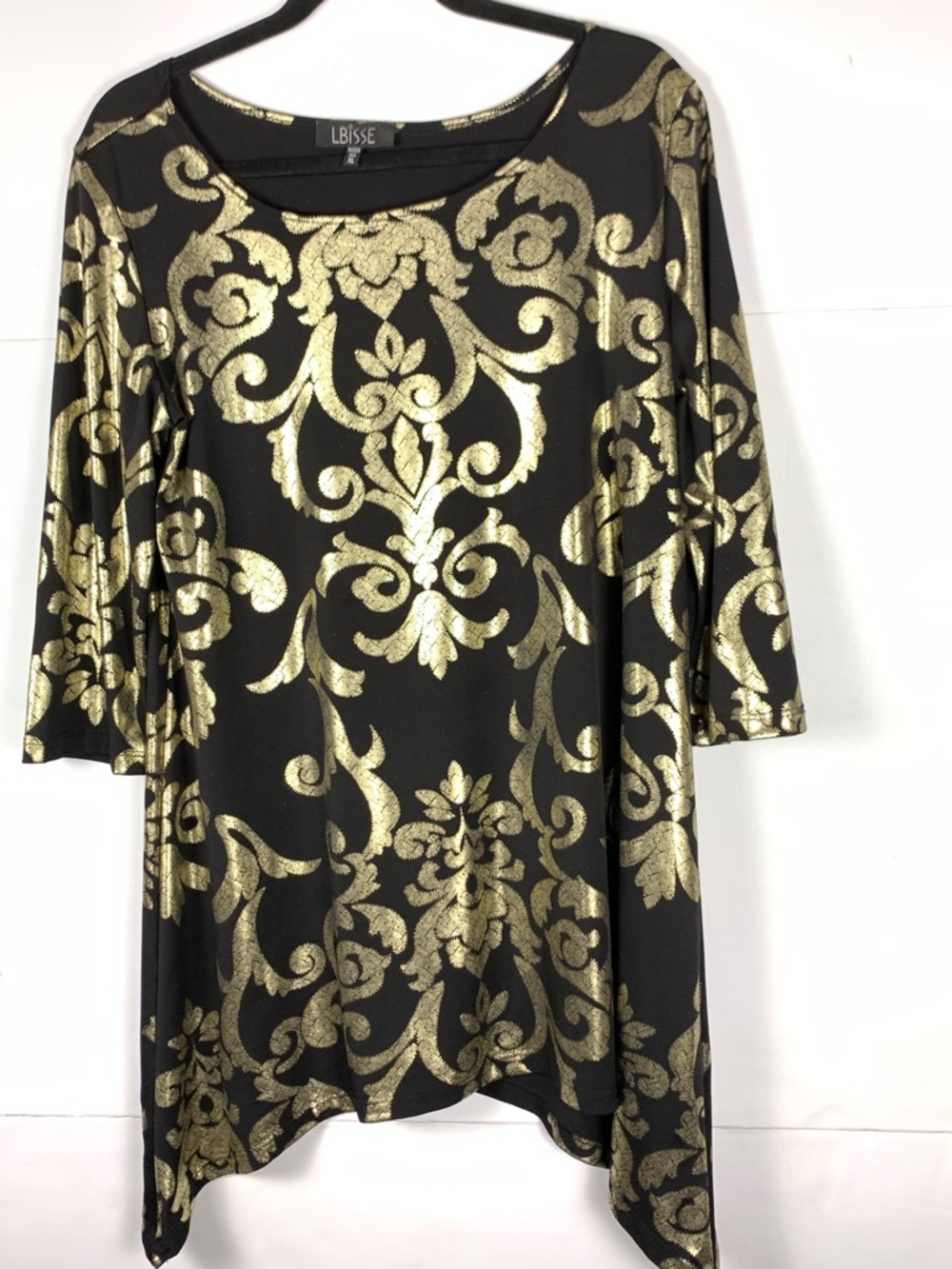 LBISSE Tunic Top XL Black Gold Baroque Metallic 3/4 Sleeve Handkerchief Hem - Picture 5 of 14